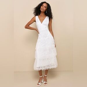 Lulus - White Tiered Lace Midi Dress - NWT - Size M